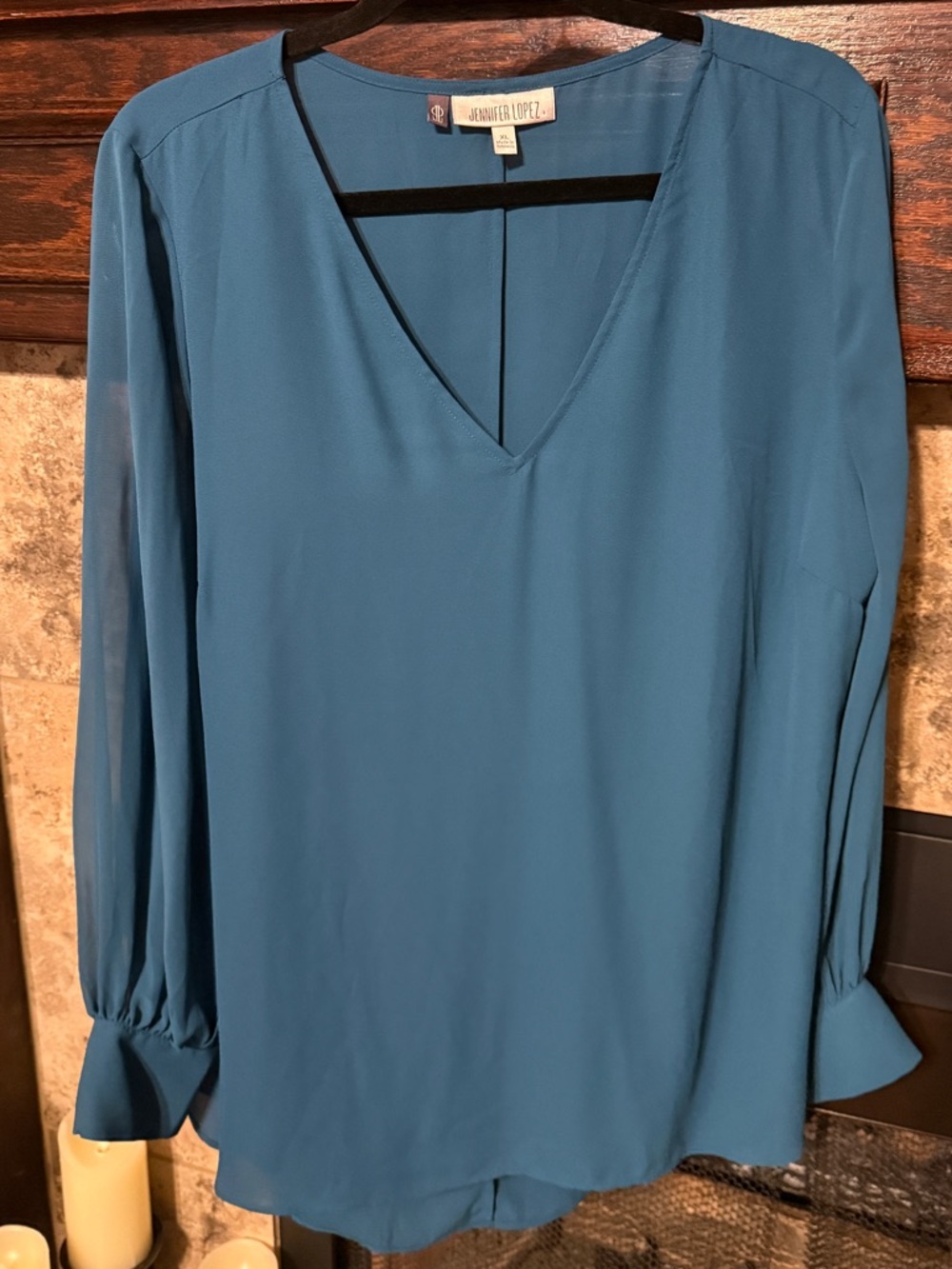 Jennifer Lopez Womens Blue V Neck Long Sleeve Blouse Size XL